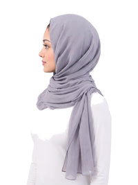 Grey Imaarah Ninja Chiffon Shawl, side view, scarf draped around the shoulders