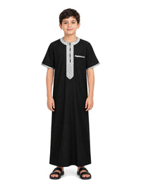 Imaarah Sabil Kids Moroccan Thobe, Black with grey embroidery, worn front view