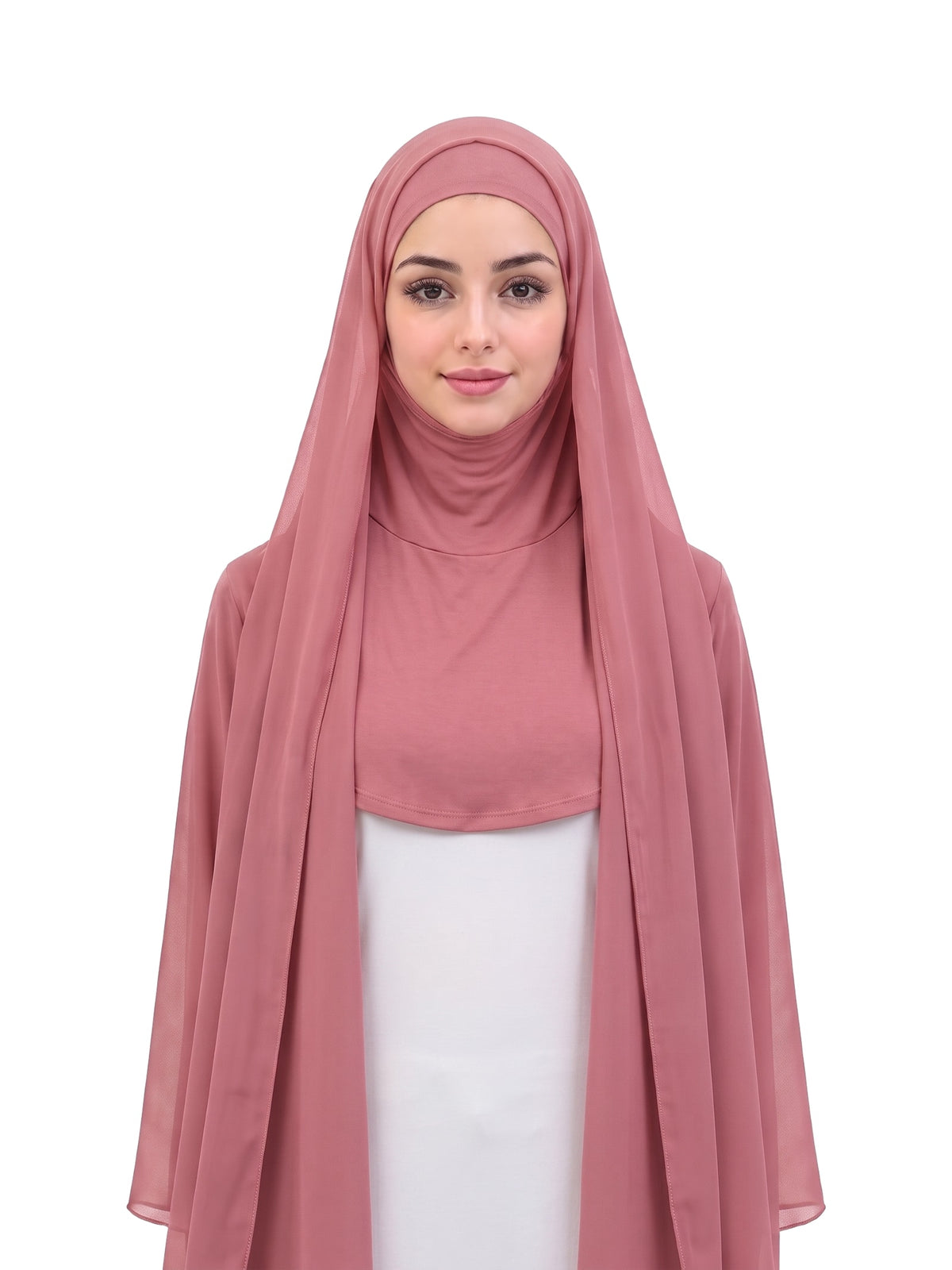 Pink Imaarah Ninja Chiffon Shawl, front view, scarf open showing the attached burqa