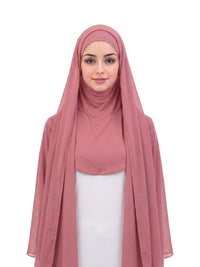 Pink Imaarah Ninja Chiffon Shawl, front view, scarf open showing the attached burqa