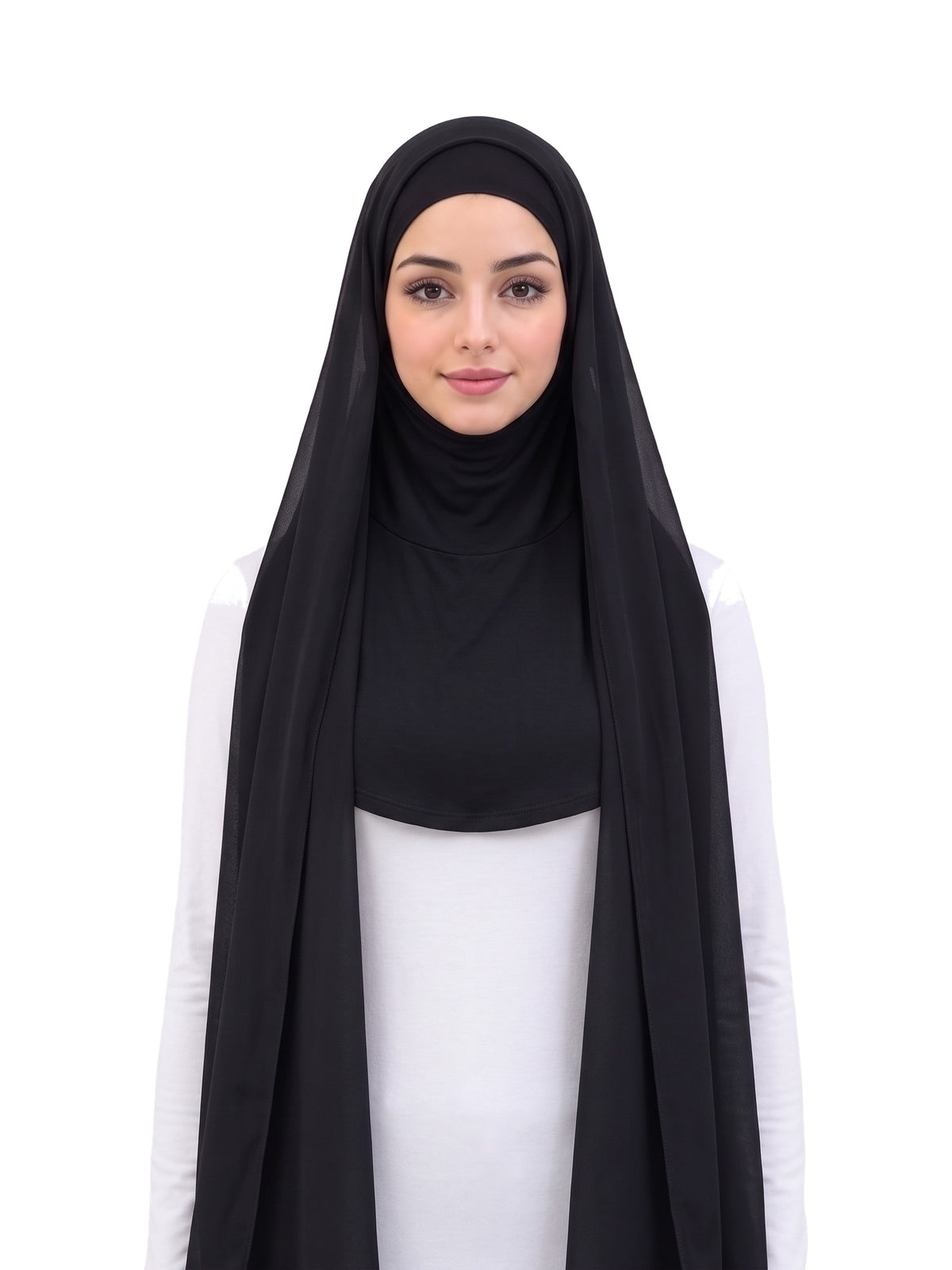 Black Imaarah Ninja Chiffon Shawl, front view, scarf open showing the attached burqa