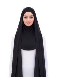 Black Imaarah Ninja Chiffon Shawl, front view, scarf open showing the attached burqa
