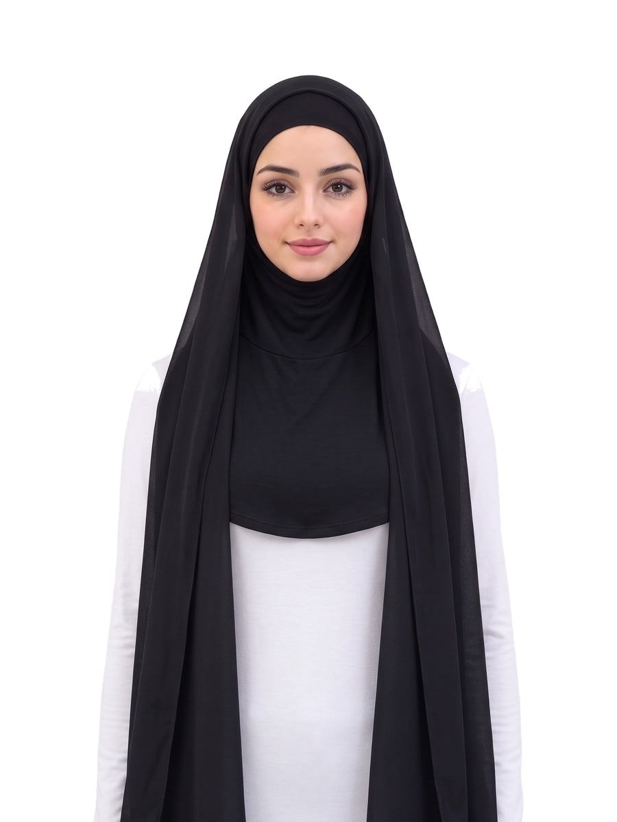 Black Imaarah Ninja Chiffon Shawl, front view, scarf open showing the attached burqa