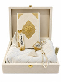 Imaan Quran Gift Set 5 Piece in White, open box with Quran, tasbeeh, bookmark and quilted musallah