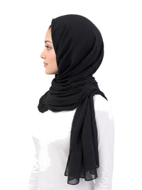 Black Imaarah Ninja Chiffon Shawl, side view, scarf draped around the shoulders