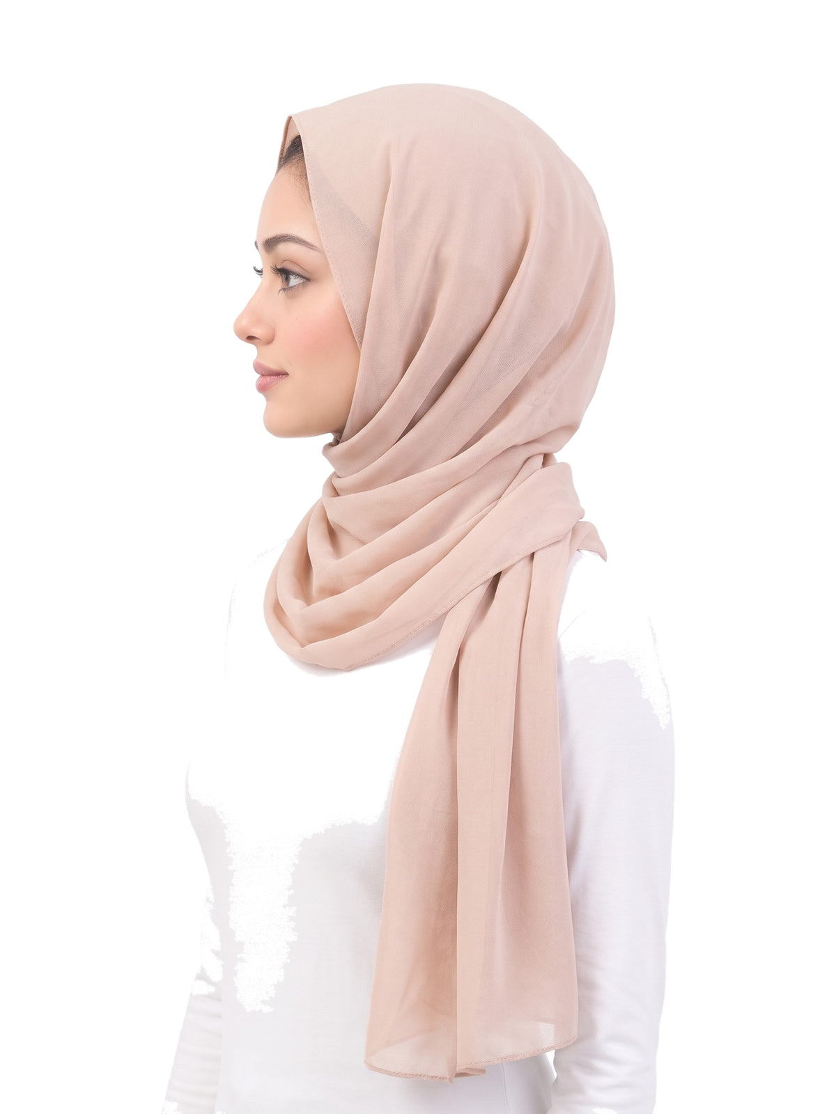 Beige Imaarah Ninja Chiffon Shawl, side view, scarf draped around the shoulders
