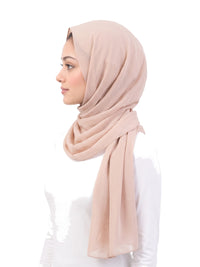 Beige Imaarah Ninja Chiffon Shawl, side view, scarf draped around the shoulders