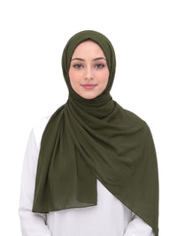 Green Imaarah Ninja Chiffon Shawl, front view, scarf wrapped and draped