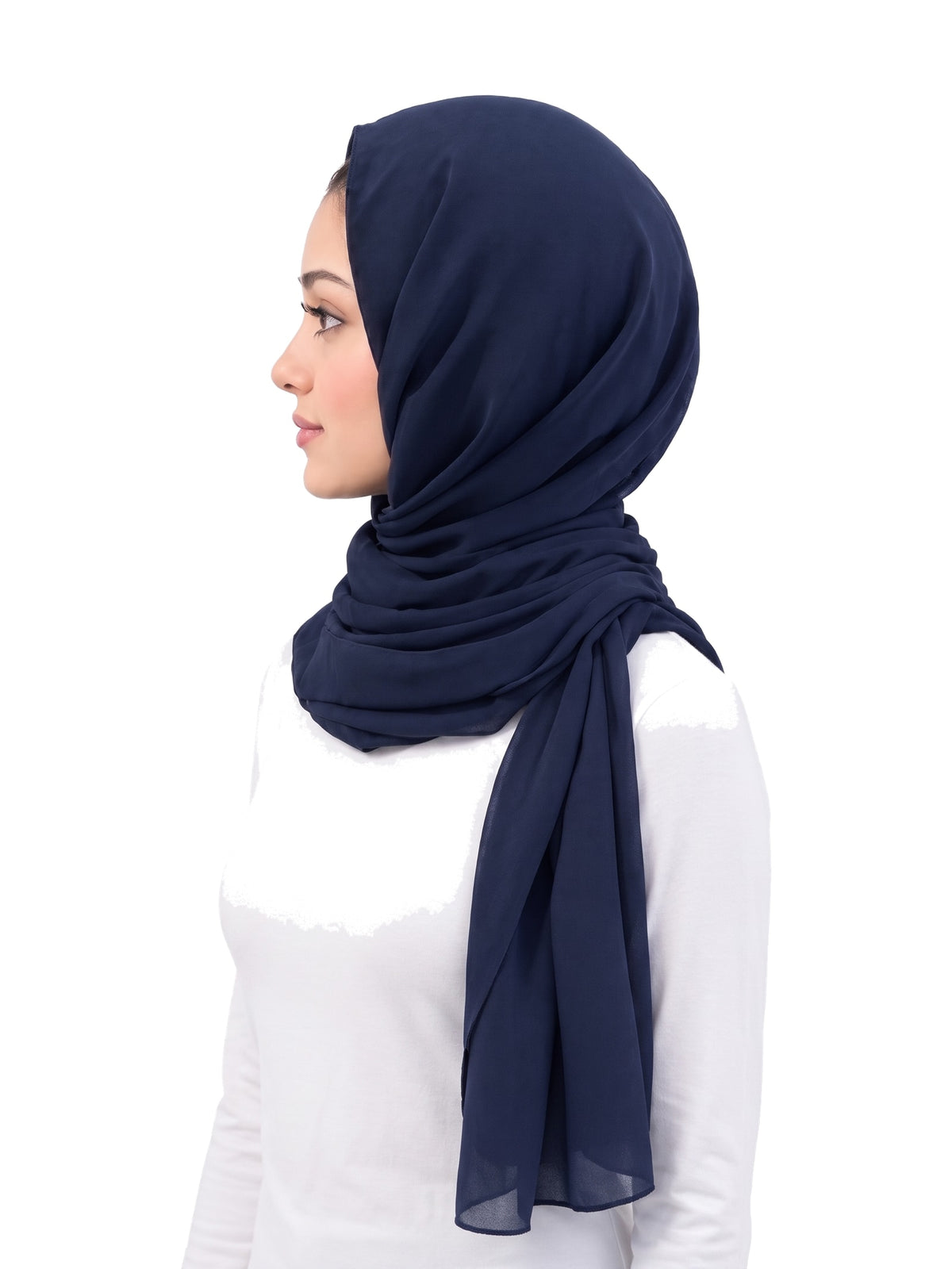 Navy Imaarah Ninja Chiffon Shawl, side view, scarf draped around the shoulders