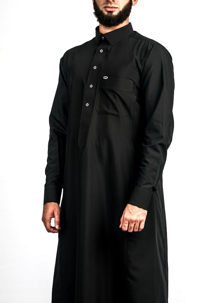 Black silver button collared thobe, front, view 1
