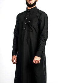 Black silver button collared thobe, front, view 1