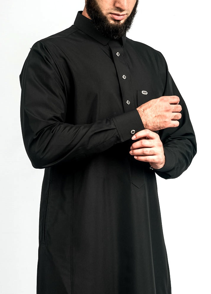 Black silver button collared thobe, detail, view 2