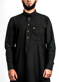 Black silver button collared thobe, detail, view 3