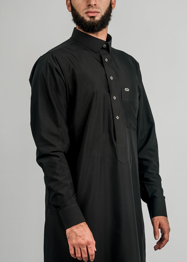 Imaarah Collared Thobe Black With Silver Button - view 3