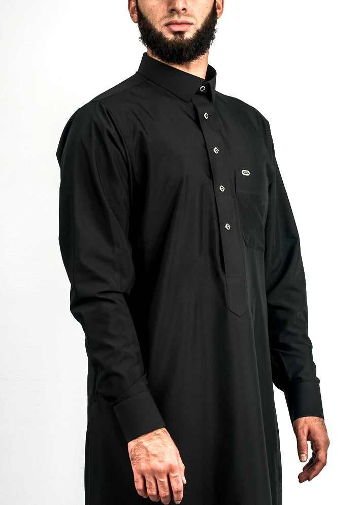 Black silver button collared thobe, detail, view 4