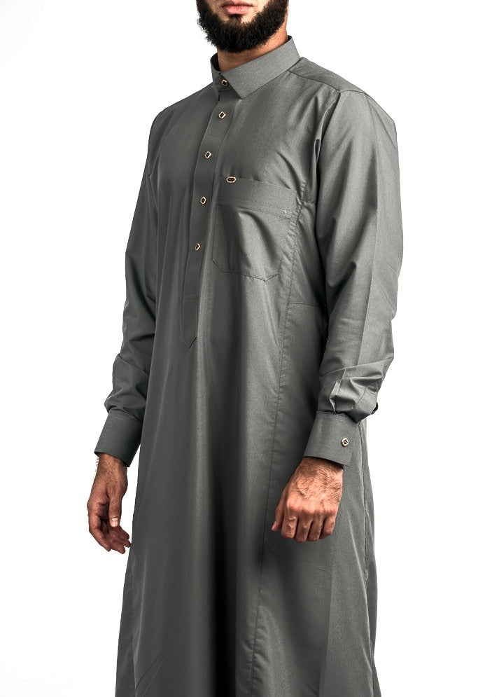 Grey gold button collared thobe, front, view 1