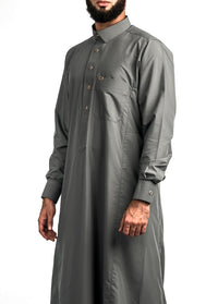 Grey gold button collared thobe, front, view 1