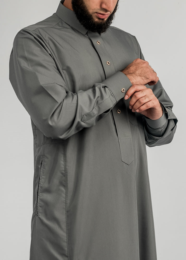 Imaarah Collared Thobe Grey With Gold Button - view 2