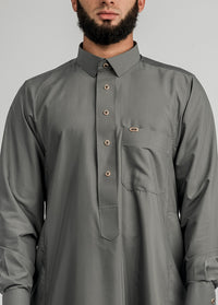 Imaarah Collared Thobe Grey With Gold Button - view 3