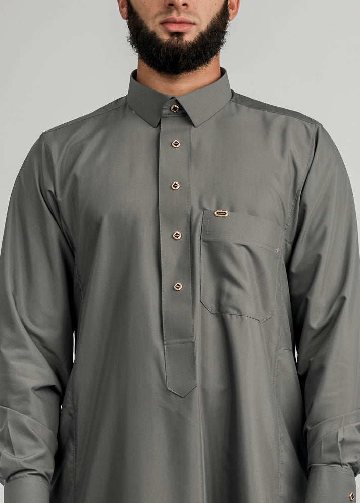 Imaarah Collared Thobe Grey With Silver Button - view 5