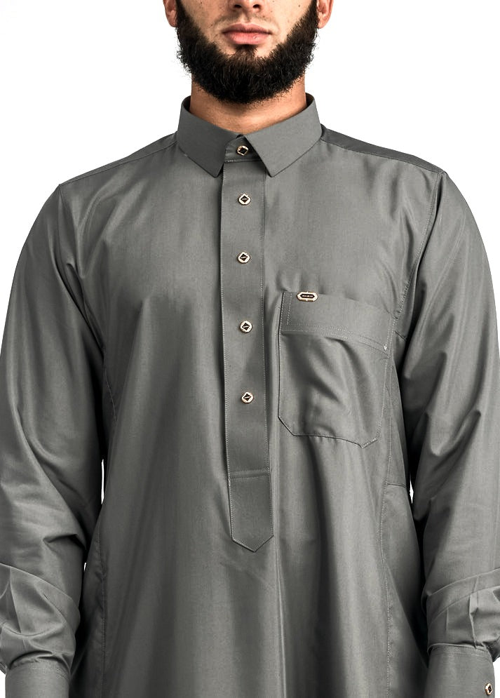 Grey gold button collared thobe, detail, view 3