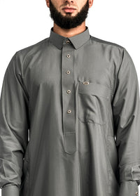 Grey gold button collared thobe, detail, view 3