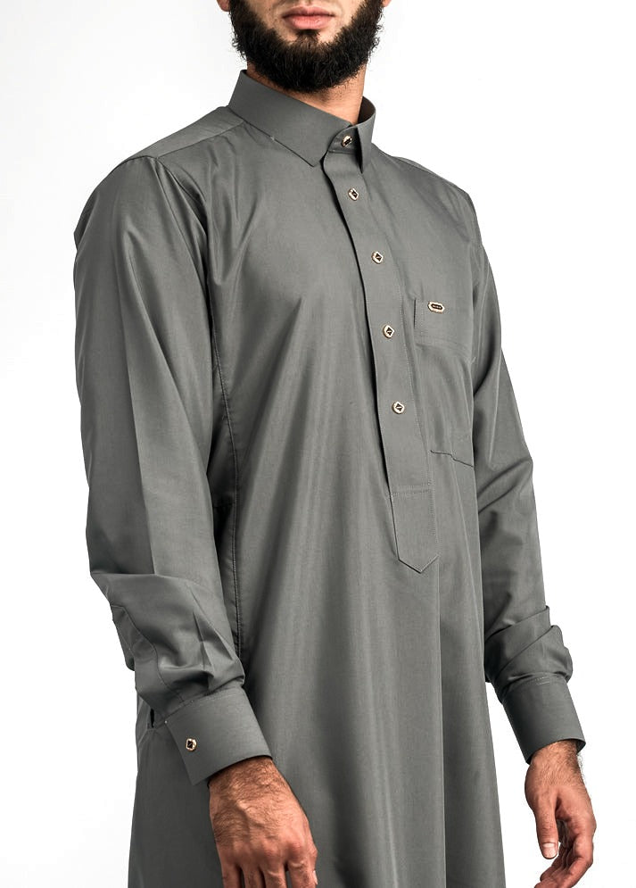 Grey gold button collared thobe, detail, view 4