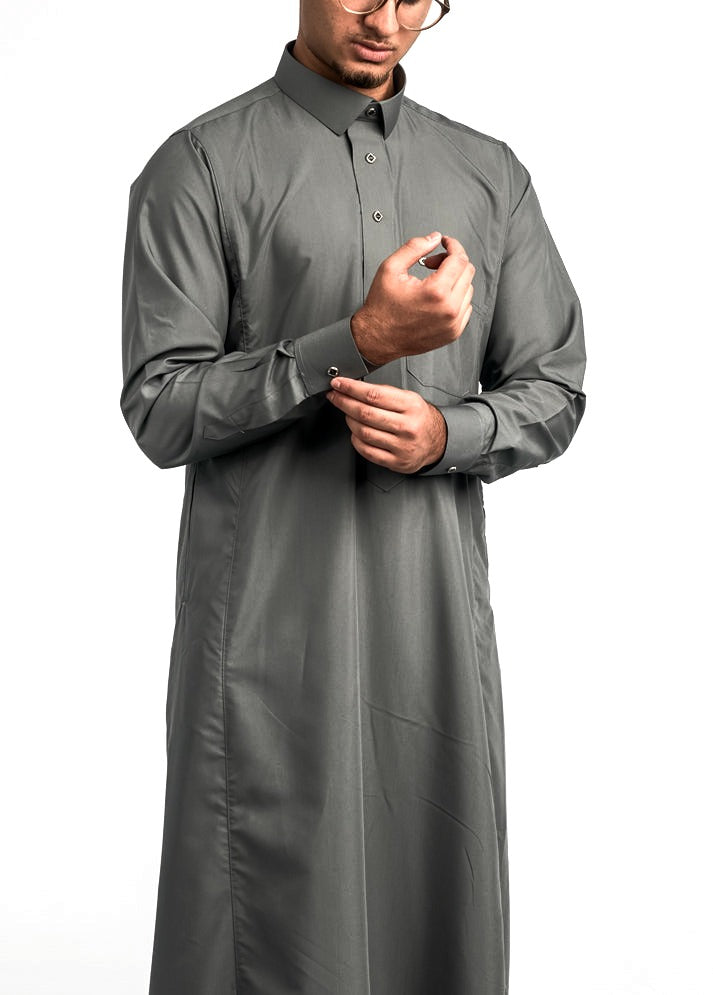 Grey silver button collared thobe, front, view 1