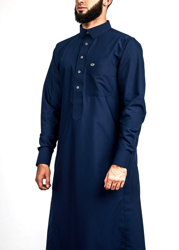 Navy silver button collared thobe, front, view 1