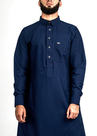 Navy silver button collared thobe, detail, view 2