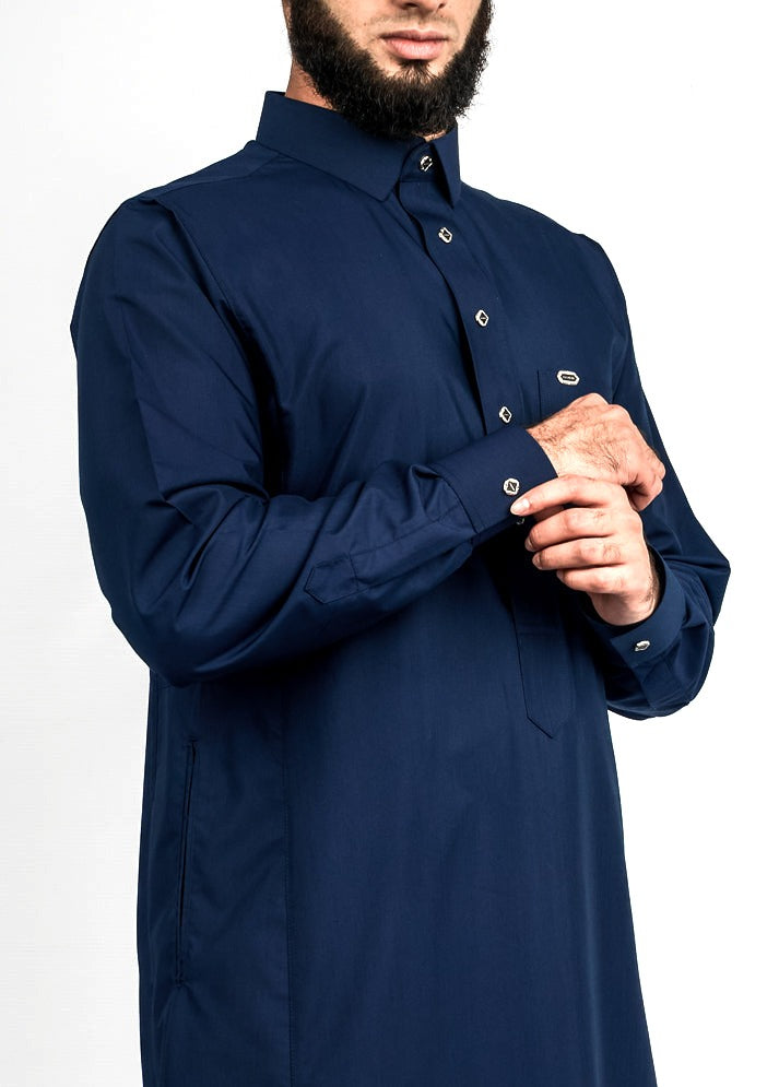 Navy silver button collared thobe, detail, view 3