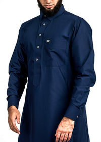 Navy silver button collared thobe, detail, view 4