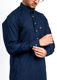 Navy gold button collared thobe, front, view 1