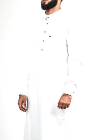 White silver button collared thobe, front, view 1
