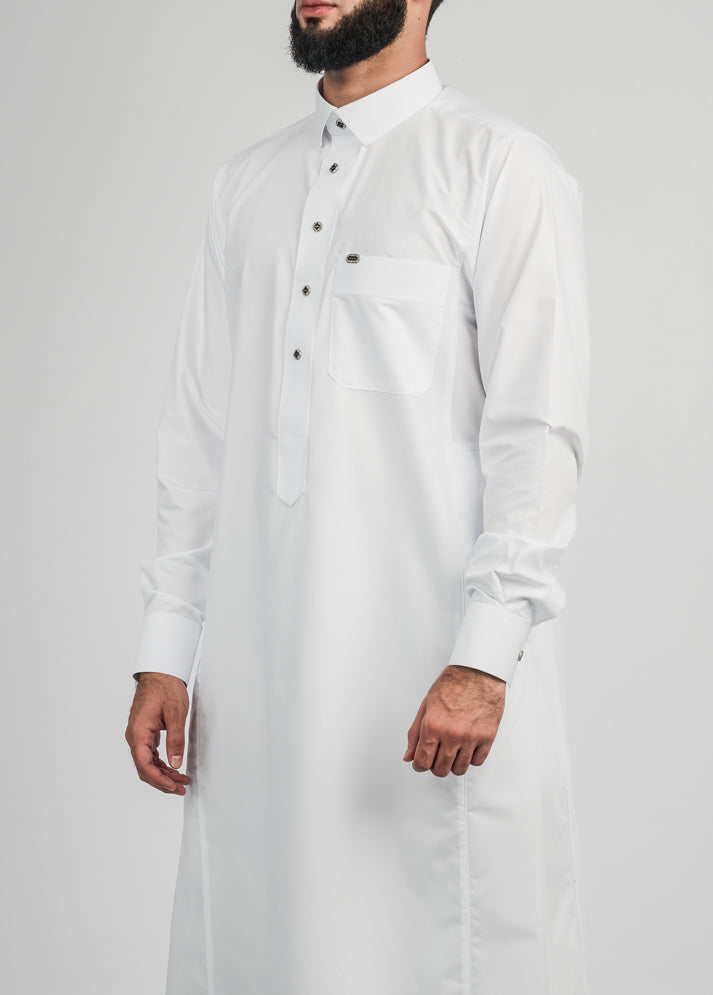 Imaarah Collared Thobe White With Gold Button
