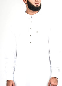 White silver button collared thobe, detail, view 2