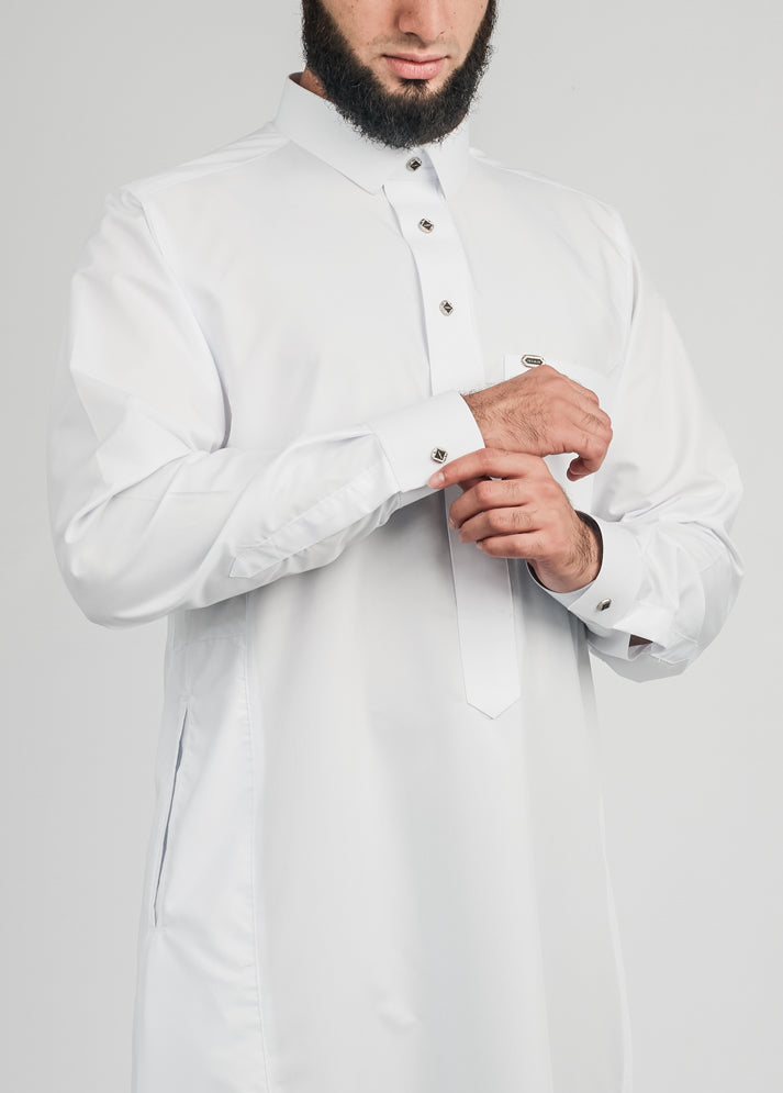 Imaarah Collared Thobe White With Silver Button - view 3