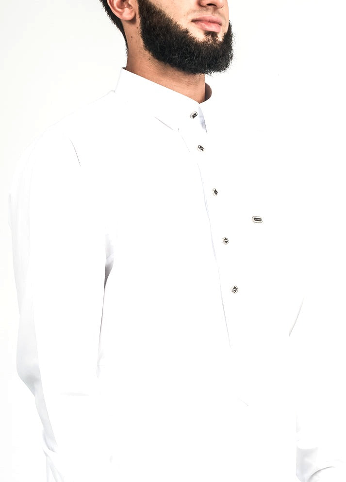 White silver button collared thobe, detail, view 4