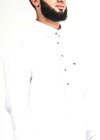 White silver button collared thobe, detail, view 4