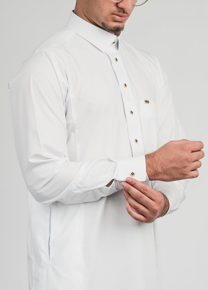 Imaarah Collared Thobe White With Silver Button - view 5