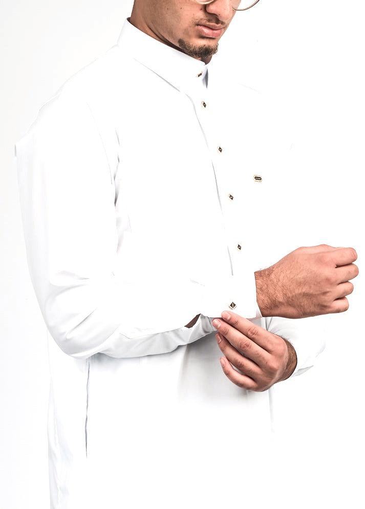 White gold button collared thobe, front, view 1