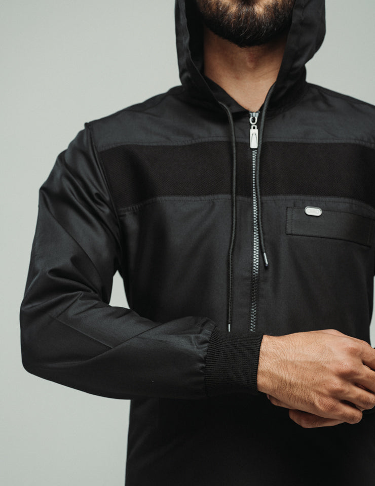 Amaani Drift Kids Hooded Thobe, Black, signature zipper and chest band on model