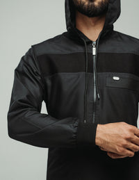 Amaani Drift Kids Hooded Thobe, Black, signature zipper and chest band on model