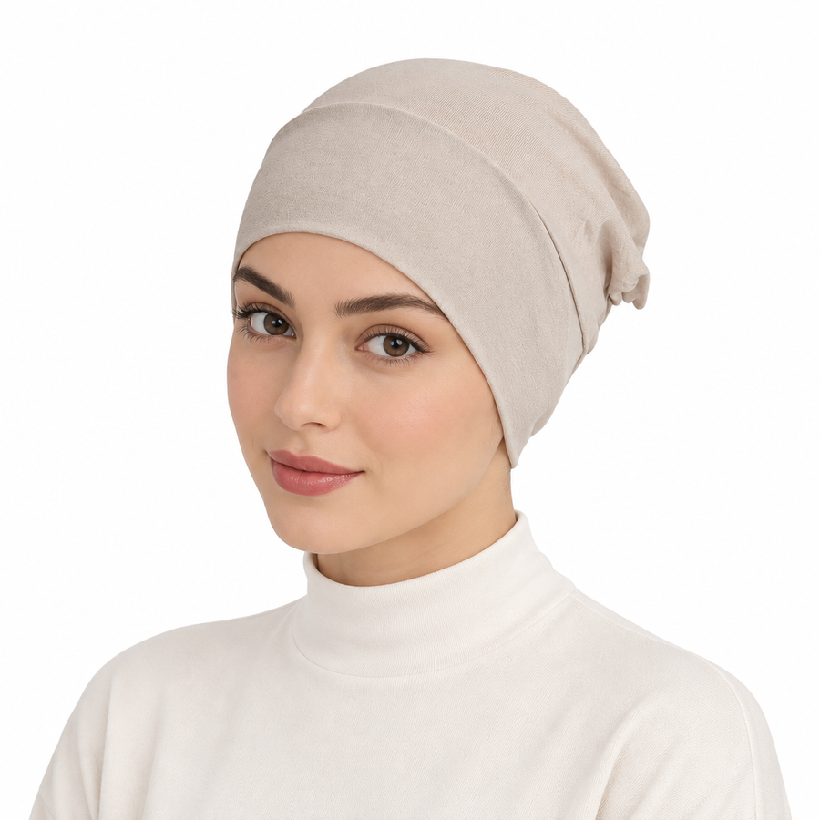 Imaarah Slip On Bonnet, Beige undercap worn by a model