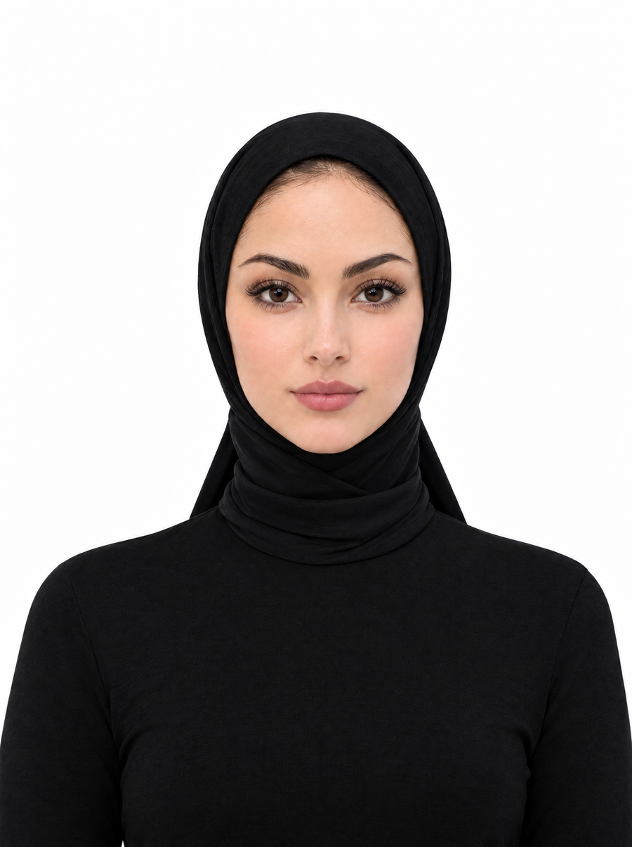 Imaarah Short Burqa with Neck Button in Black, front view