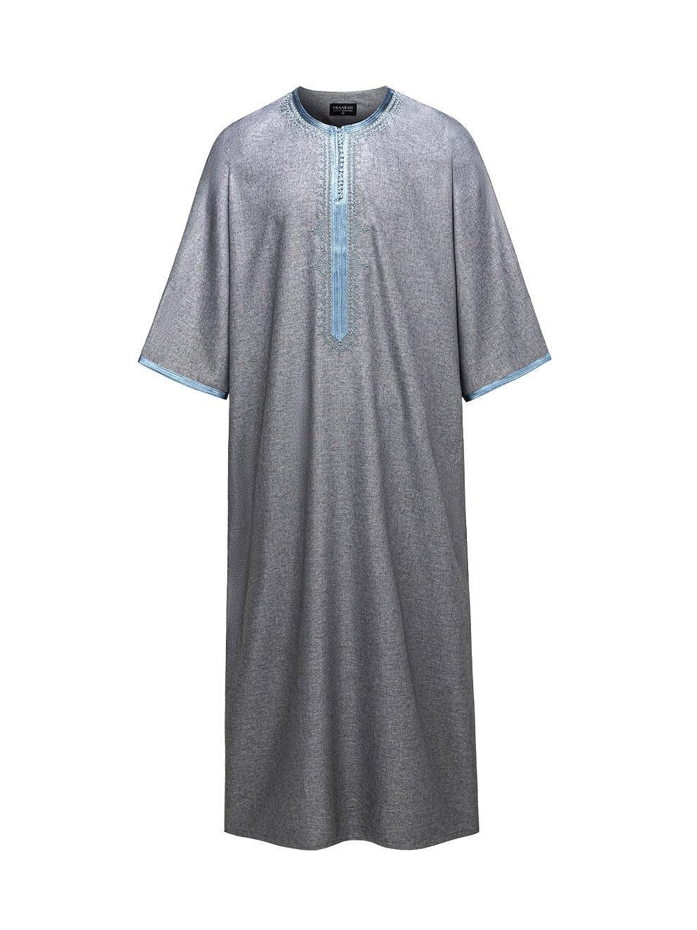 Grey with Light Blue 3/4 sleeve Moroccan thobe, front view