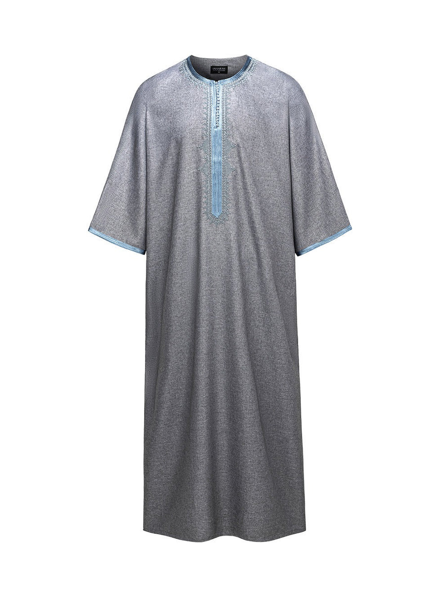 Grey with Light Blue 3/4 sleeve Moroccan thobe, front view