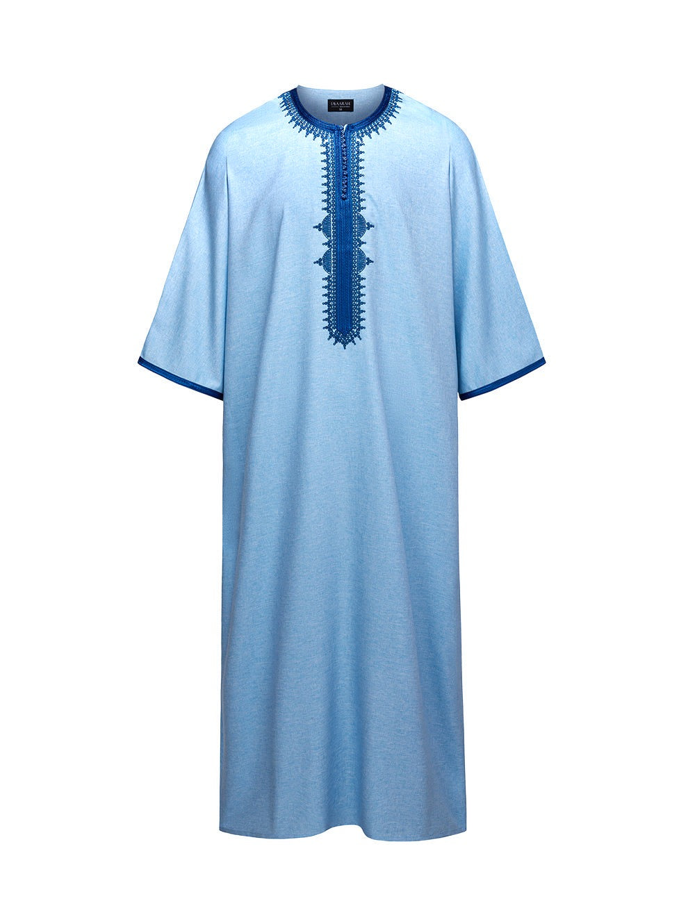 Sky Blue with Royal Blue 3/4 sleeve Moroccan thobe, front view
