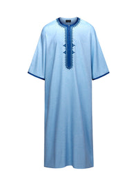 Sky Blue with Royal Blue 3/4 sleeve Moroccan thobe, front view