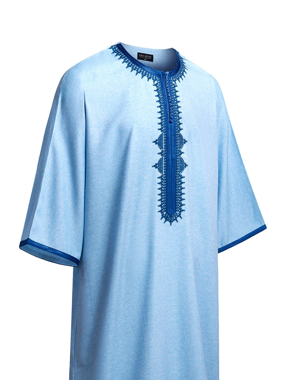 Sky Blue with Royal Blue 3/4 sleeve Moroccan thobe, side view